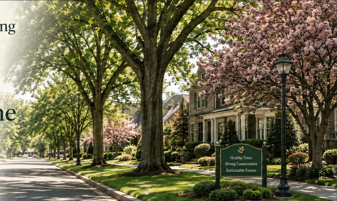 Tree-lined residential street with mature shade trees and flowering trees