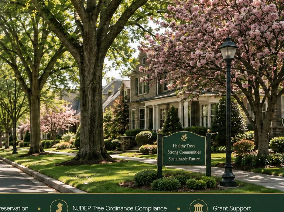 Tree-lined residential street with mature shade and flowering trees