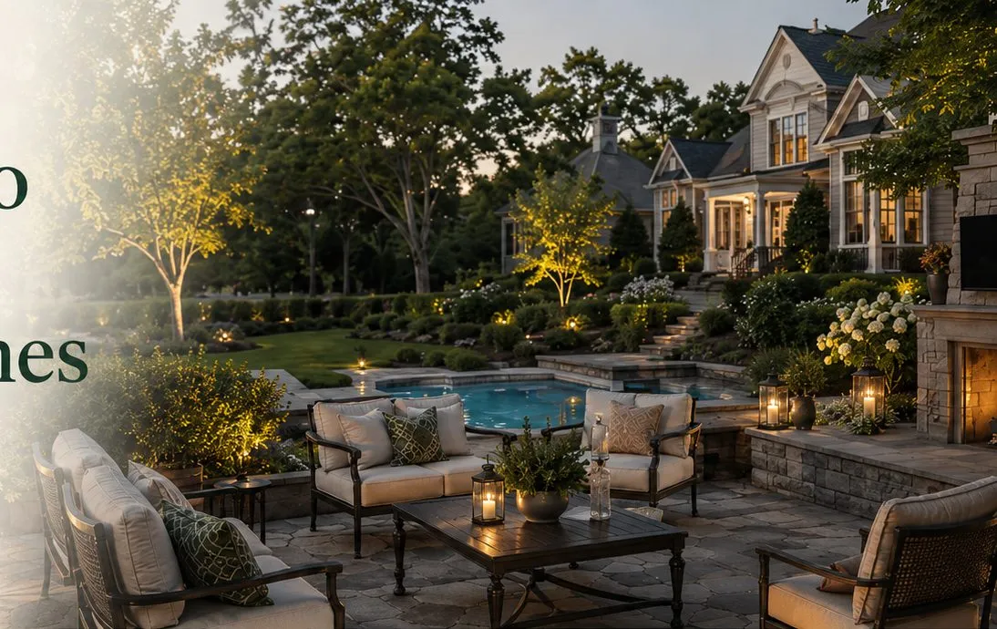 Landscaped backyard patio with pool and garden lighting at dusk