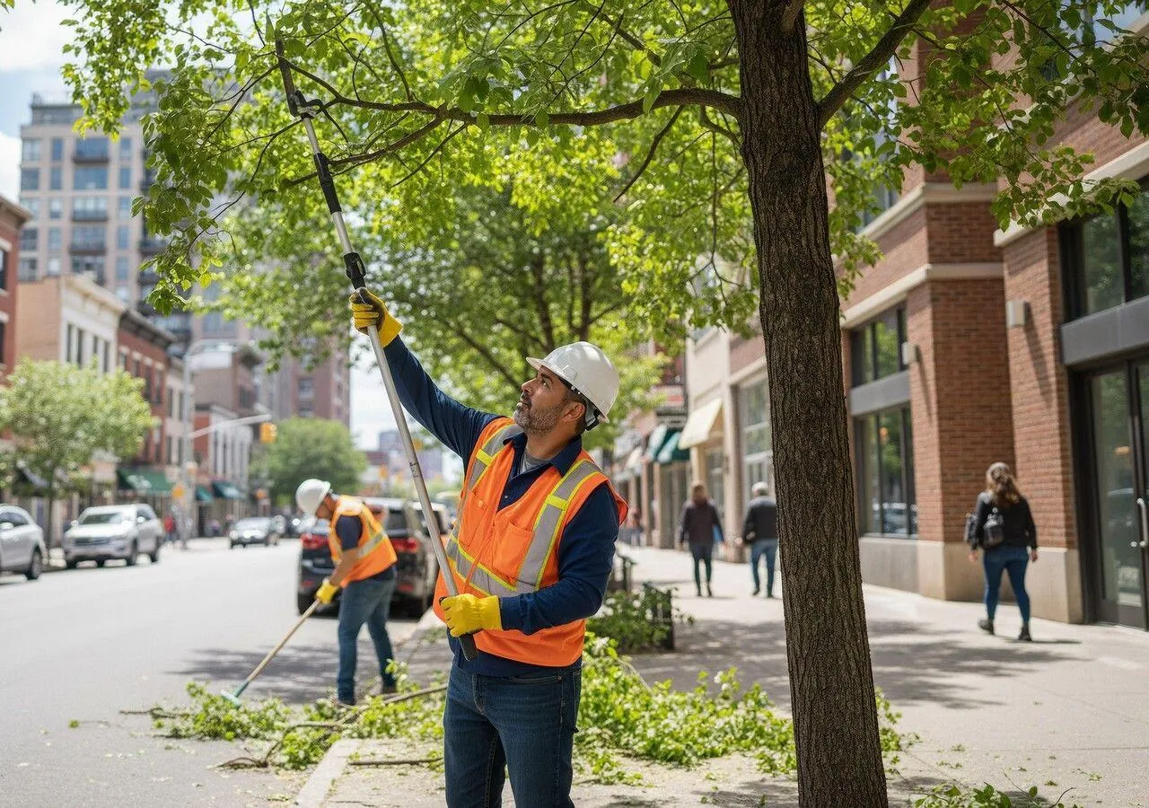 Municipal crew structural-pruning a young street tree with a pole pruner